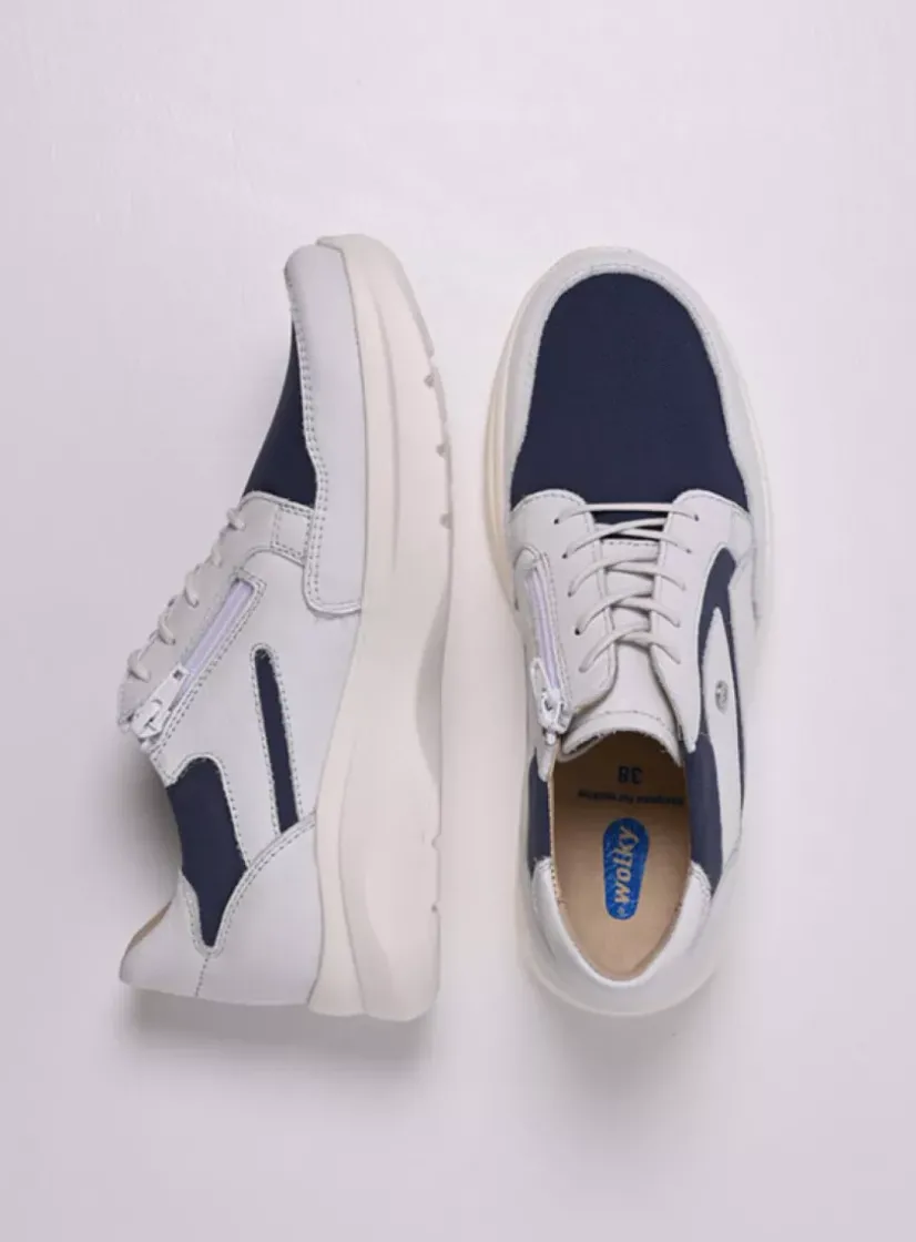 Wolky Impact S2F - wit/jeans combi stretch leer<DAMES Lage Veterschoenen|Sneakers