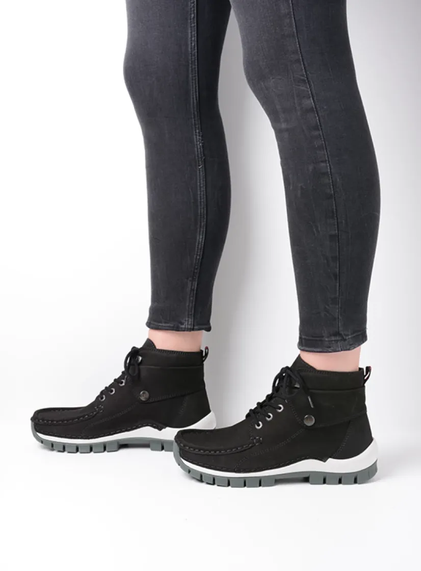 Wolky Jump - zwart grijsgroen nubuck<DAMES Hoge Veterschoenen|Herfst/Winter