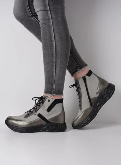 Wolky Leap - antraciet combi leer<DAMES Hoge Veterschoenen|Wandelschoenen