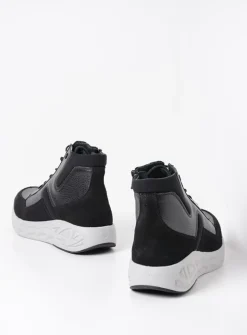 Wolky Leap - zwart combi leer<DAMES Hoge Veterschoenen|Wandelschoenen