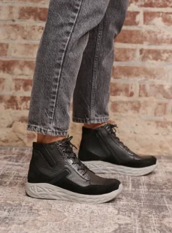 Wolky Leap - zwart combi leer<DAMES Hoge Veterschoenen|Wandelschoenen