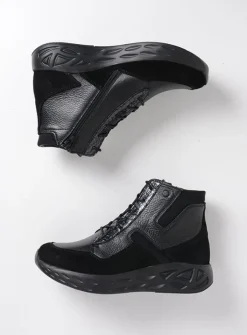 Wolky Leap - zwart combi leer/zwart<DAMES Hoge Veterschoenen|Wandelschoenen