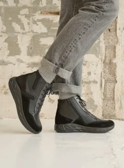Wolky Leap - zwart combi leer/zwart<DAMES Hoge Veterschoenen|Wandelschoenen