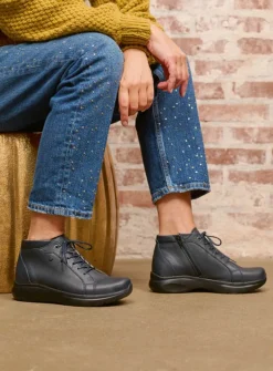 Wolky Lima - blauw leer<DAMES Hoge Veterschoenen|Wandelschoenen