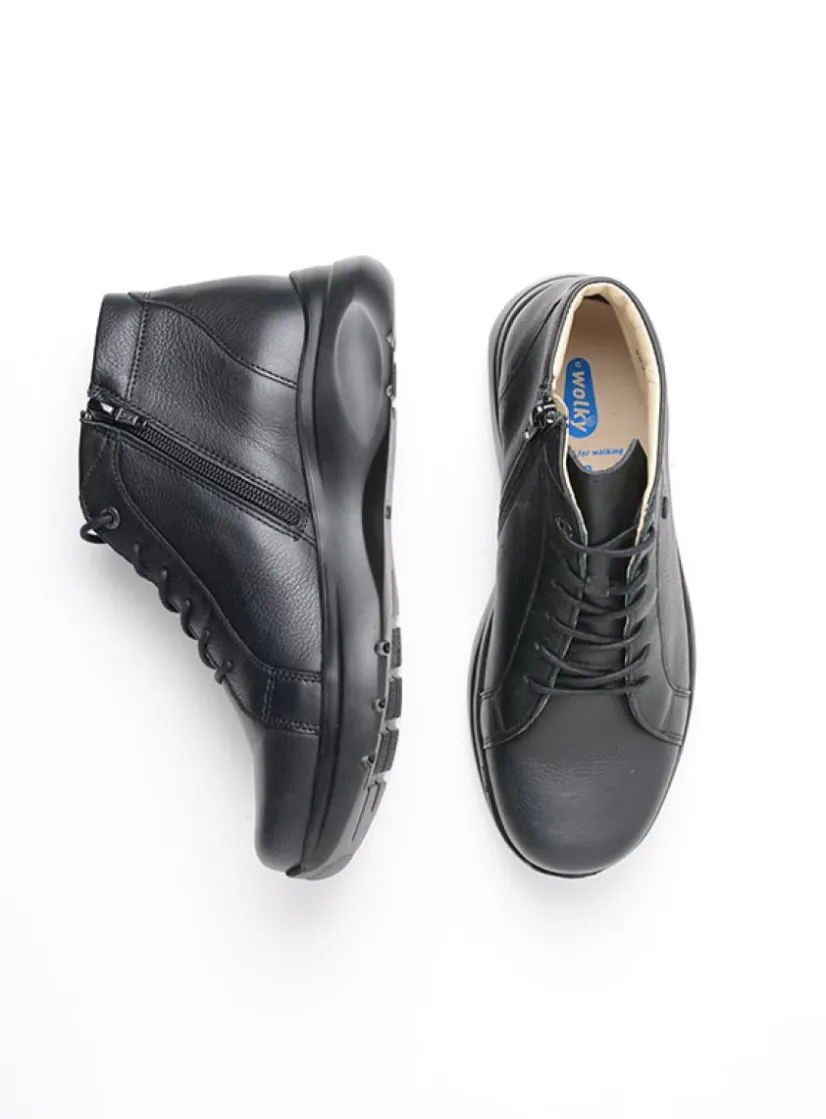 Wolky Lima - zwart leer<DAMES Hoge Veterschoenen|Wandelschoenen