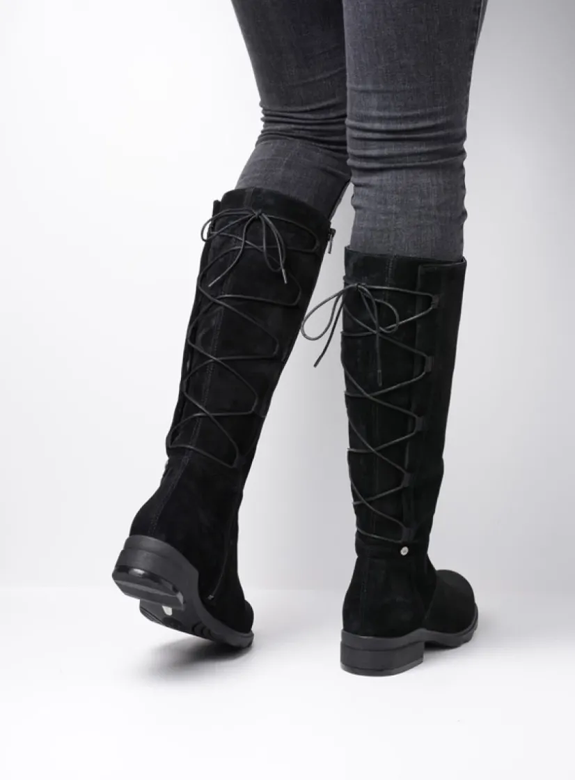 Wolky Longview - zwart suede<DAMES Veterlaarzen|Lange Laarzen