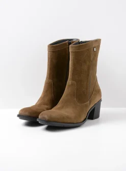 Wolky Mallow - donker taupe suede<DAMES Halfhoge Laarzen|Enkellaarsjes