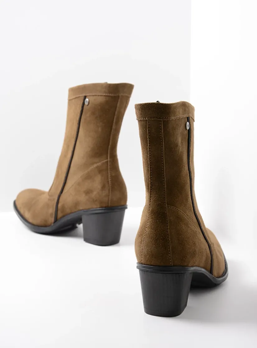 Wolky Mallow - donker taupe suede<DAMES Halfhoge Laarzen|Enkellaarsjes