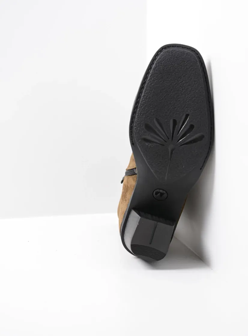 Wolky Mallow - donker taupe suede<DAMES Halfhoge Laarzen|Enkellaarsjes