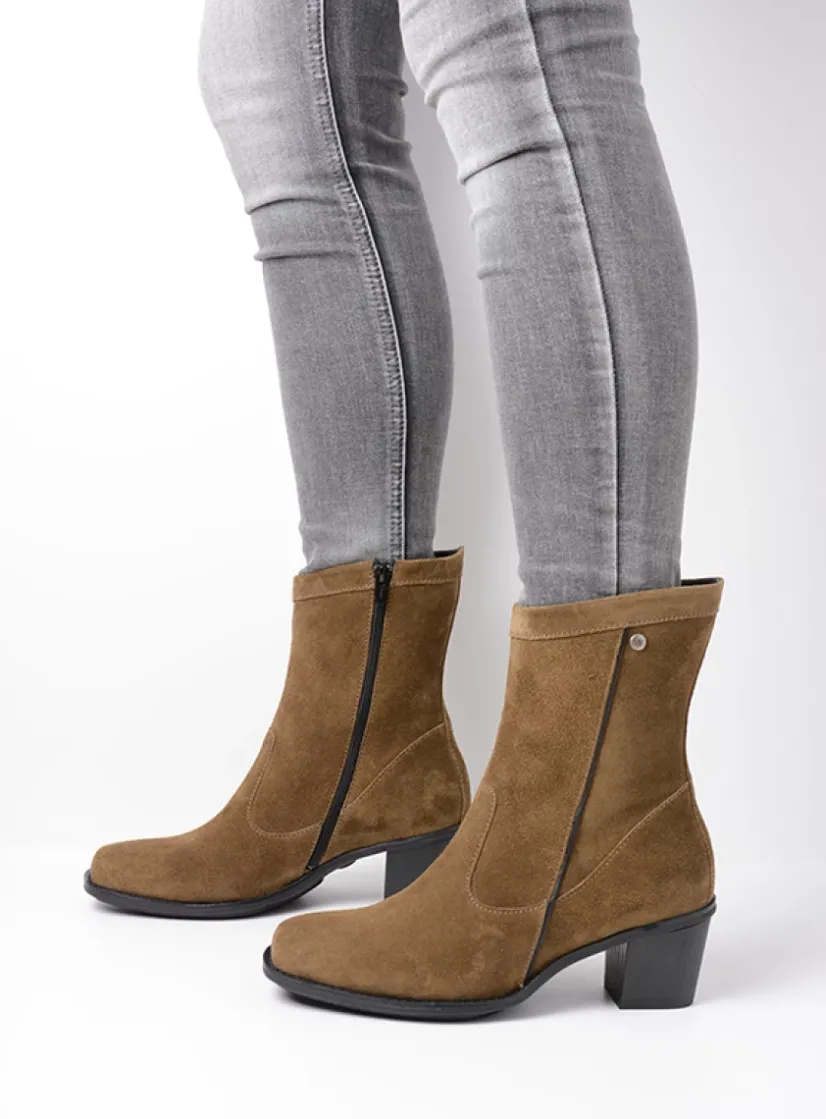 Wolky Mallow - donker taupe suede<DAMES Halfhoge Laarzen|Enkellaarsjes
