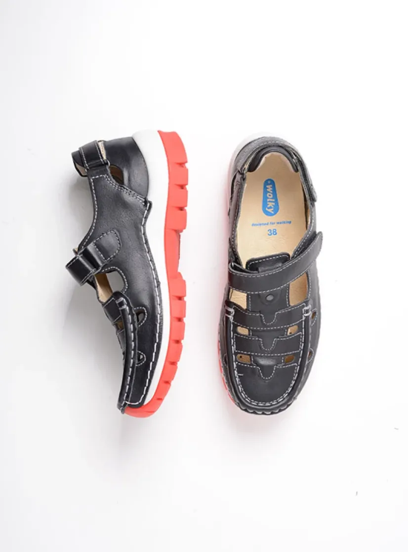Wolky Move - zwart zomer leer<DAMES Bandschoenen