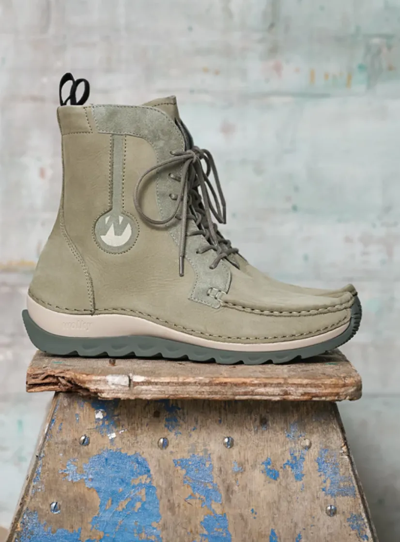 Wolky Ocean - grijsgroen nubuck<DAMES Hoge Veterschoenen|Veterlaarzen