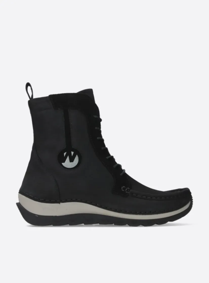 Wolky Ocean - zwart nubuck<DAMES Hoge Veterschoenen|Veterlaarzen