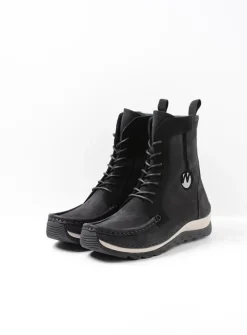 Wolky Ocean - zwart nubuck<DAMES Hoge Veterschoenen|Veterlaarzen