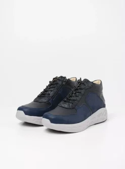 Wolky Pep S2F - denim combi stretch leer<DAMES Hoge Veterschoenen|Herfst/Winter