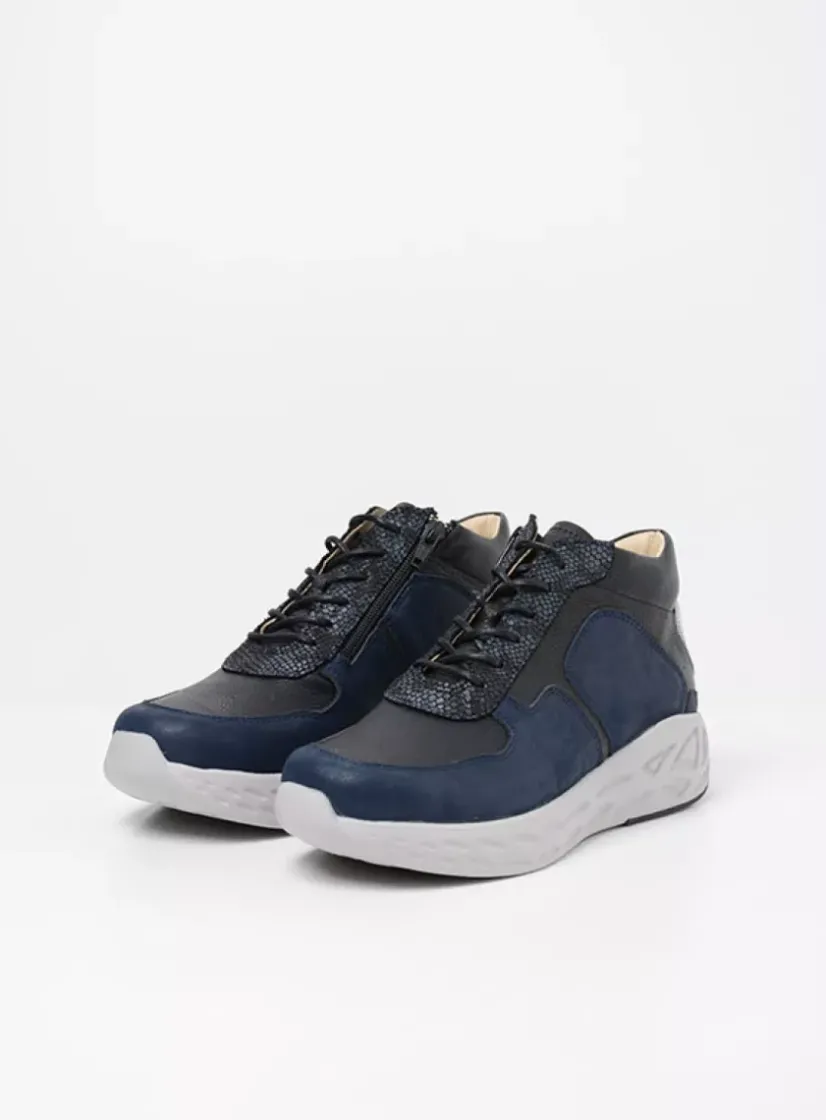 Wolky Pep S2F - denim combi stretch leer<DAMES Hoge Veterschoenen|Herfst/Winter