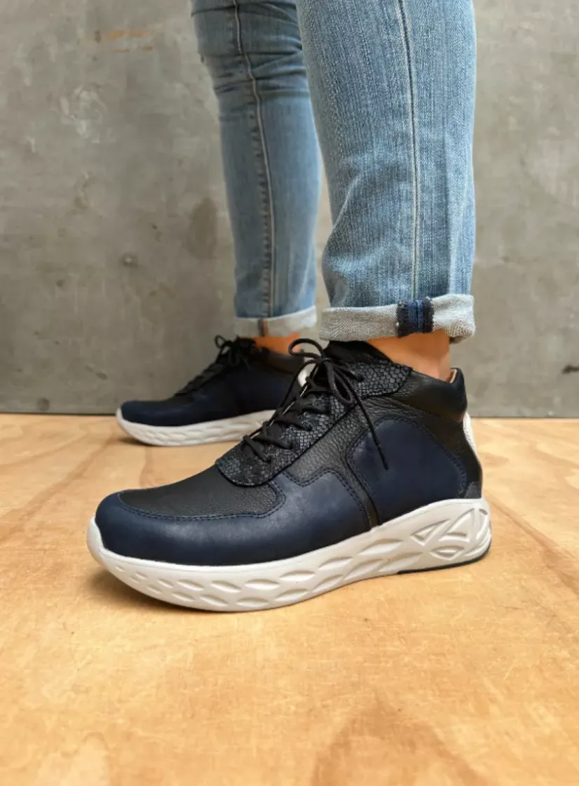 Wolky Pep S2F - denim combi stretch leer<DAMES Hoge Veterschoenen|Herfst/Winter