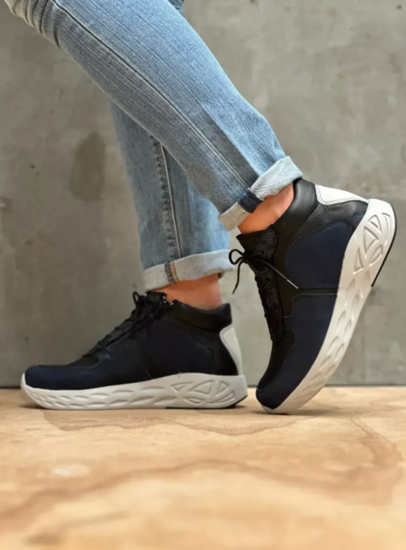 Wolky Pep S2F - denim combi stretch leer<DAMES Hoge Veterschoenen|Herfst/Winter