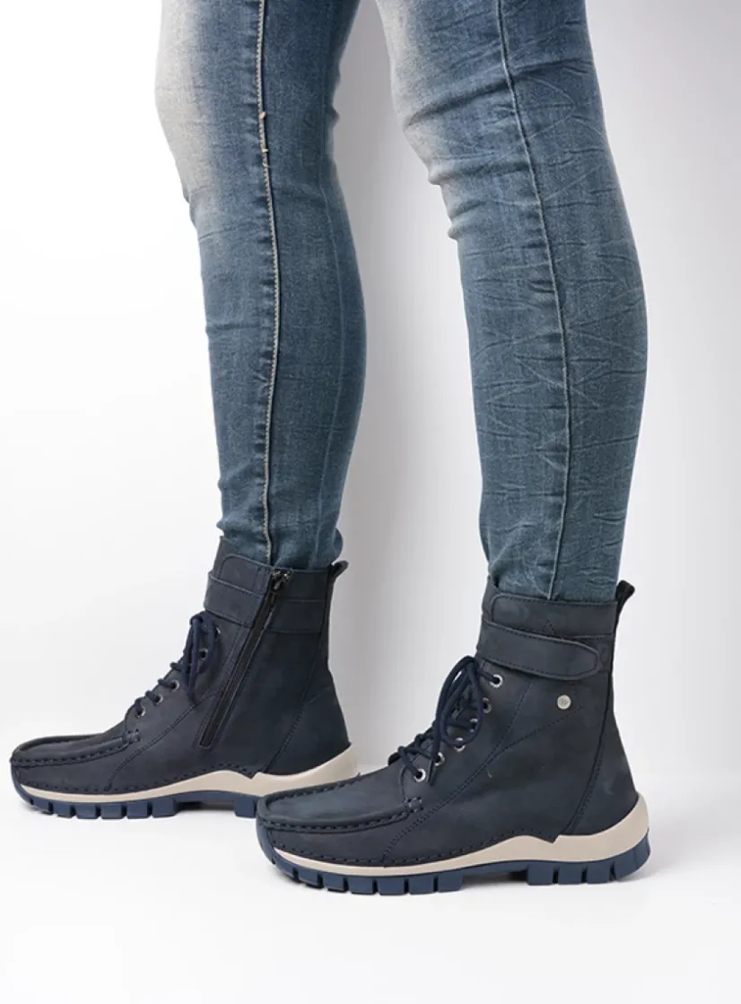 Wolky Reach - blauw nubuck<DAMES Hoge Veterschoenen|Veterlaarzen