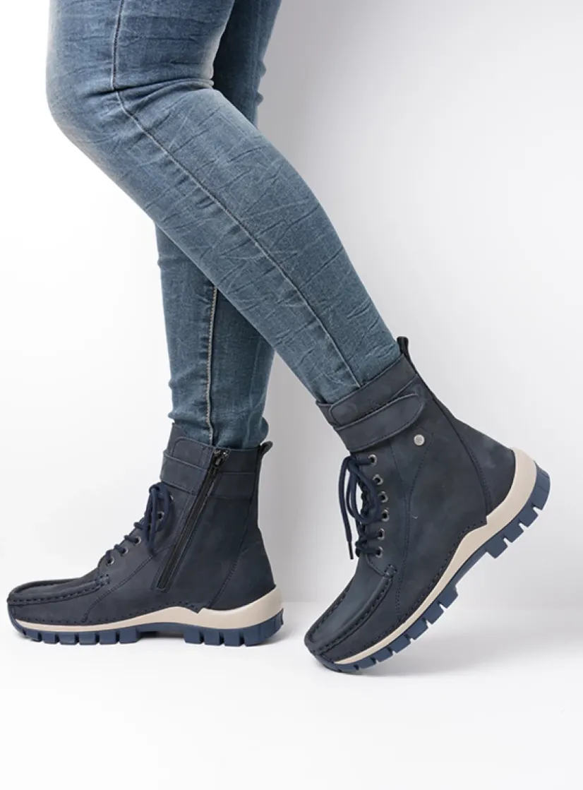 Wolky Reach - blauw nubuck<DAMES Hoge Veterschoenen|Veterlaarzen