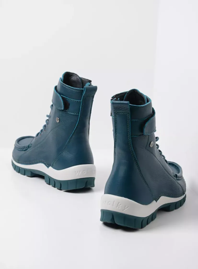 Wolky Reach - petrol leer<DAMES Hoge Veterschoenen|Veterlaarzen