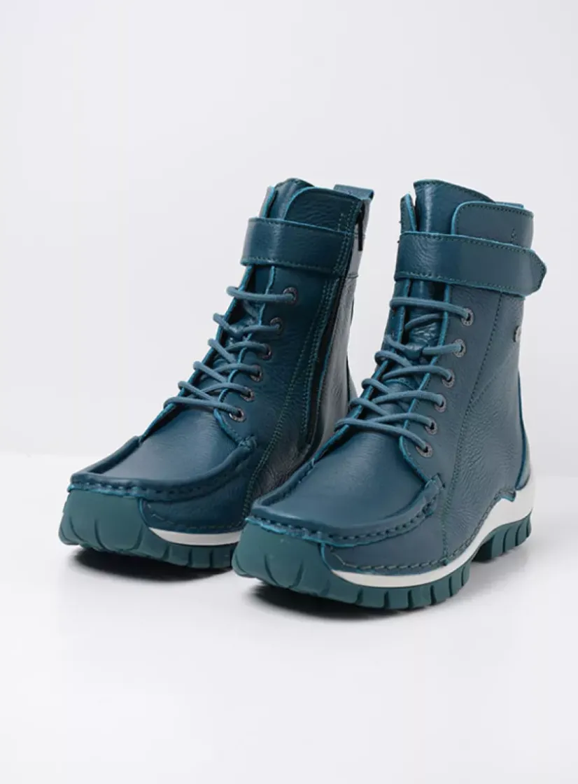Wolky Reach - petrol leer<DAMES Hoge Veterschoenen|Veterlaarzen