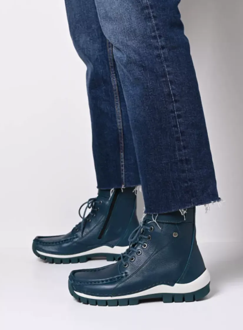Wolky Reach - petrol leer<DAMES Hoge Veterschoenen|Veterlaarzen