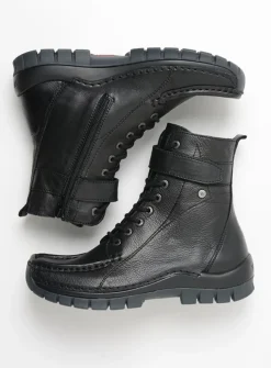 Wolky Reach - zwart leer<DAMES Hoge Veterschoenen|Veterlaarzen
