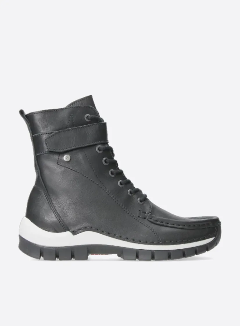 Wolky Reach - zwart/wit leer<DAMES Hoge Veterschoenen|Veterlaarzen