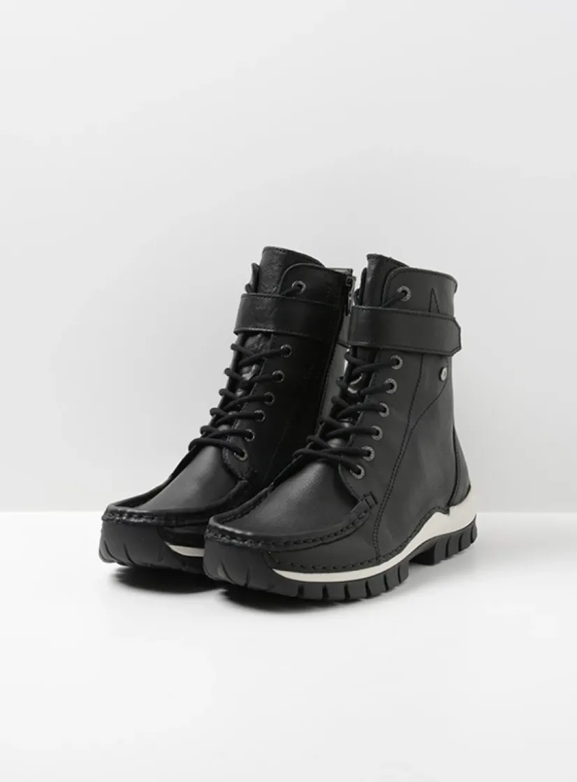 Wolky Reach - zwart/wit leer<DAMES Hoge Veterschoenen|Veterlaarzen