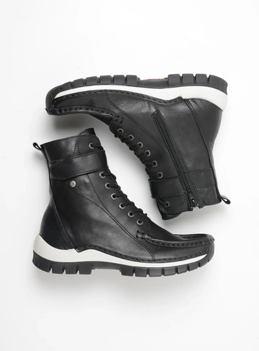 Wolky Reach - zwart/wit leer<DAMES Hoge Veterschoenen|Veterlaarzen