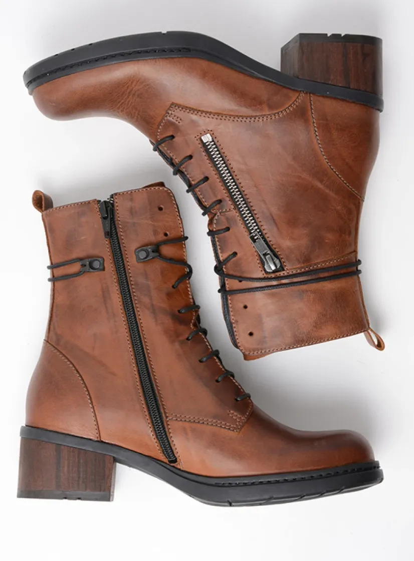 Wolky Rimbley - cognac leer<DAMES Veterlaarzen|Halfhoge Laarzen