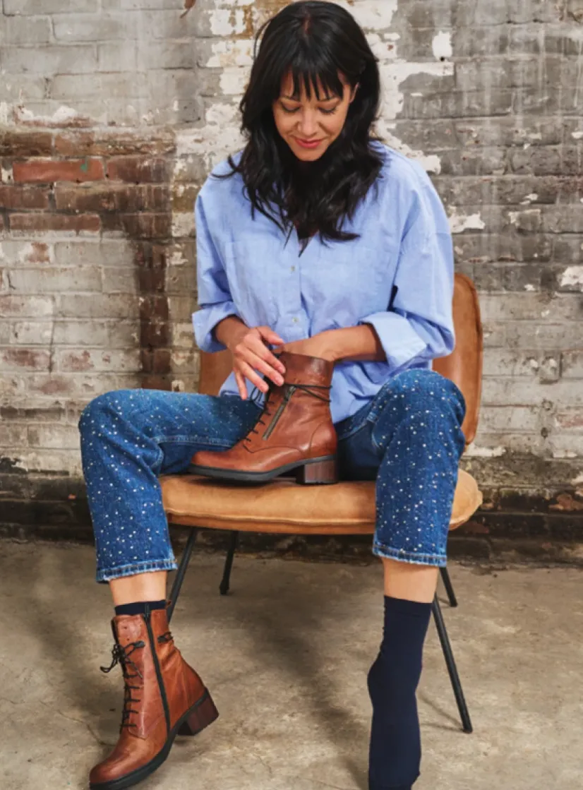 Wolky Rimbley - cognac leer<DAMES Veterlaarzen|Halfhoge Laarzen