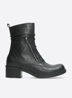 Wolky Rimbley - zwart leer<DAMES Veterlaarzen|Halfhoge Laarzen