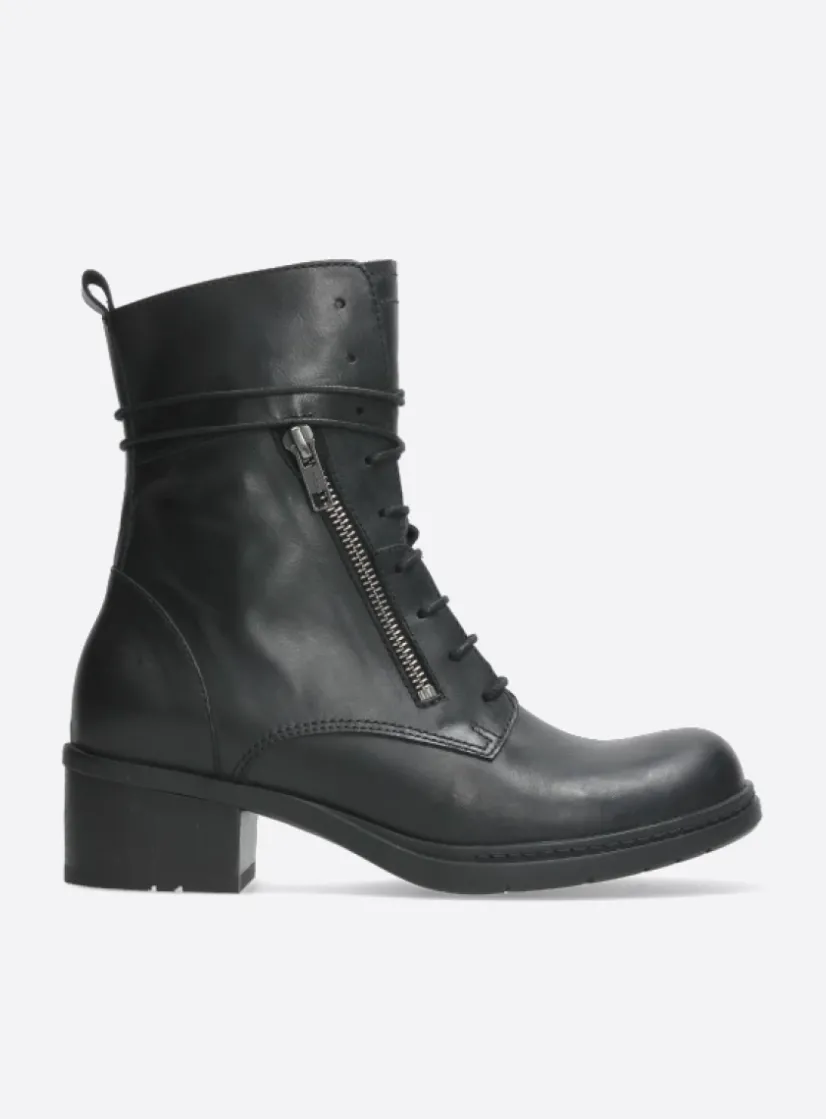 Wolky Rimbley - zwart leer<DAMES Veterlaarzen|Halfhoge Laarzen