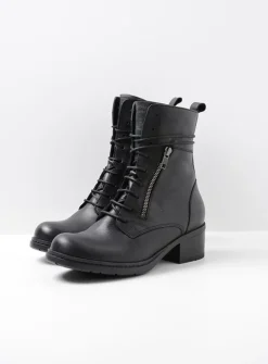 Wolky Rimbley - zwart leer<DAMES Veterlaarzen|Halfhoge Laarzen