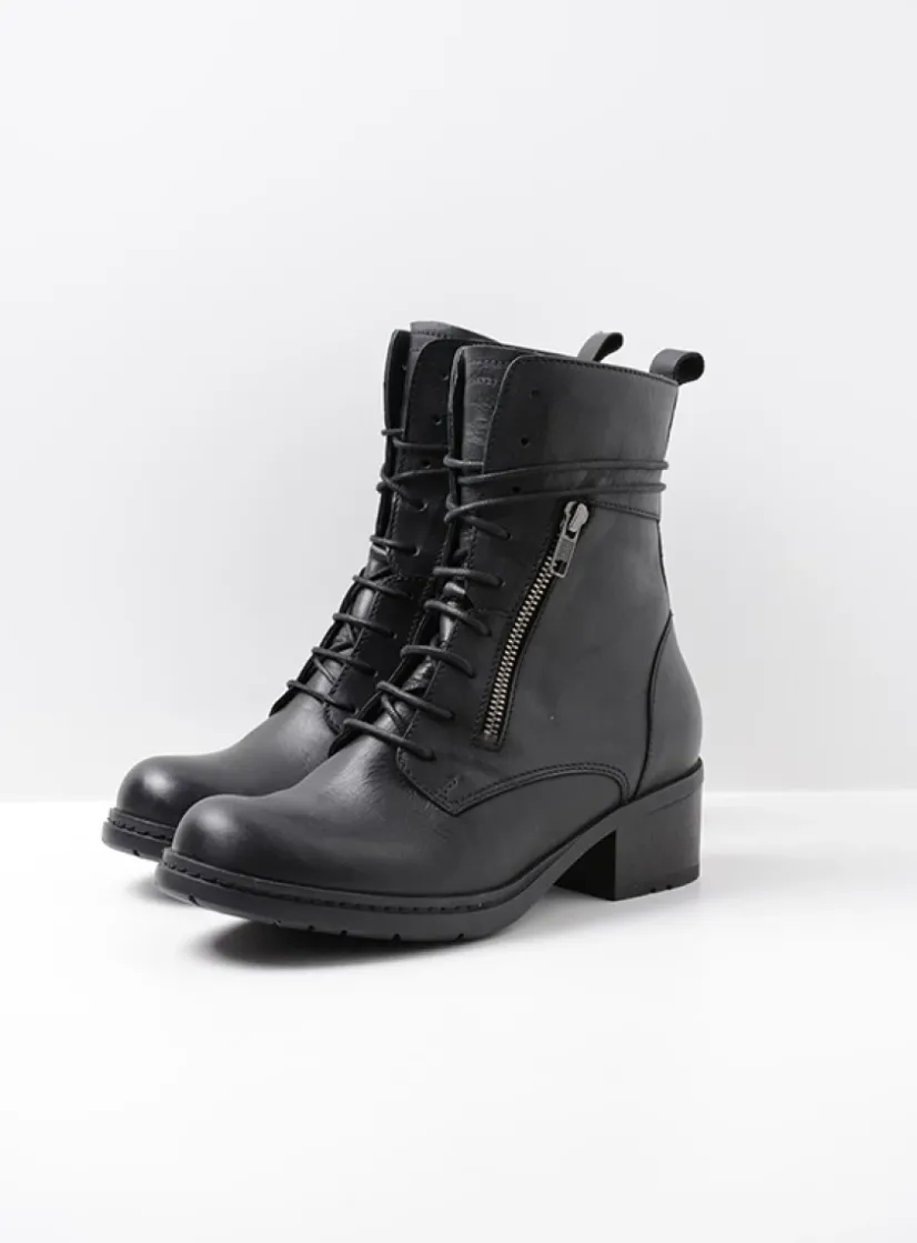 Wolky Rimbley - zwart leer<DAMES Veterlaarzen|Halfhoge Laarzen