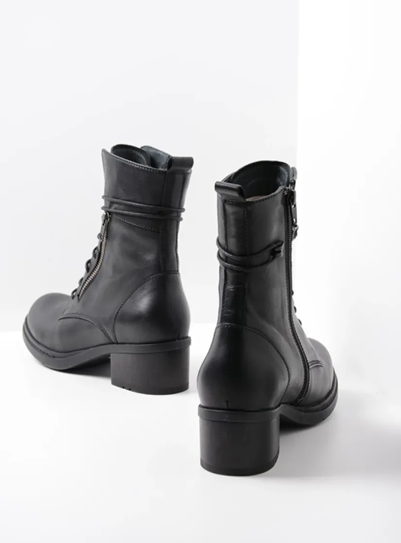 Wolky Rimbley - zwart leer<DAMES Veterlaarzen|Halfhoge Laarzen
