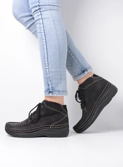 Wolky Roll Shoot - zwart nubuck<DAMES Hoge Veterschoenen|Herfst/Winter