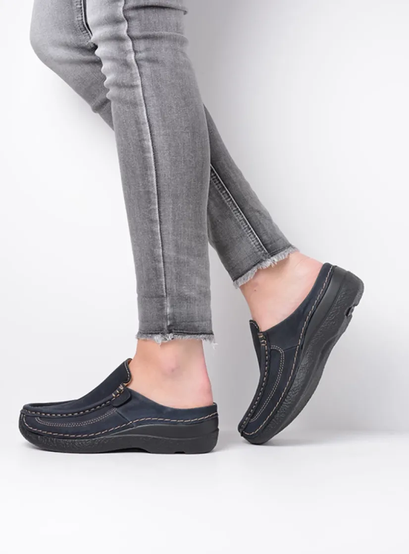 Wolky Roll Slide - blauw nubuck<DAMES Slippers|Klompen