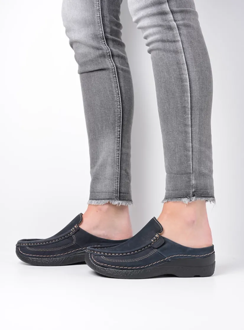 Wolky Roll Slide - blauw nubuck<DAMES Slippers|Klompen