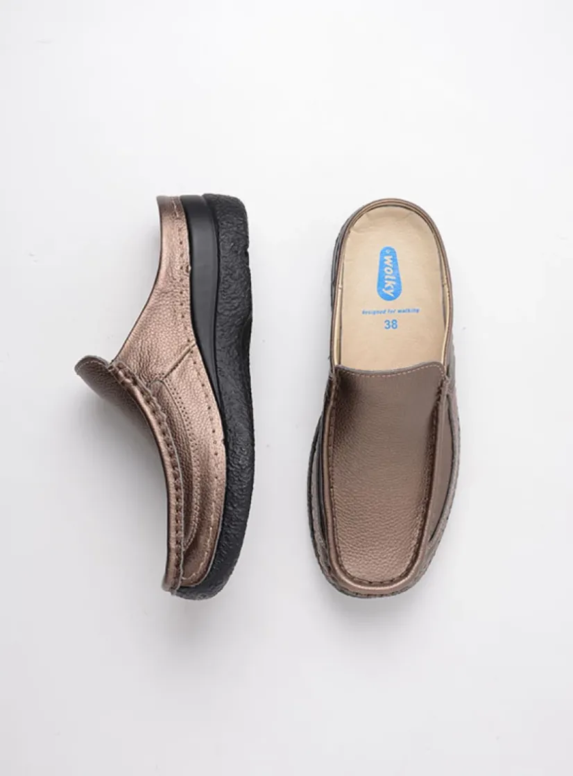Wolky Roll Slide - brons geprint leer<DAMES Slippers|Klompen