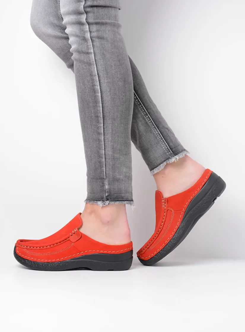 Wolky Roll Slide - donkerrood nubuck<DAMES Slippers|Klompen