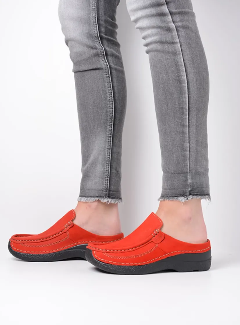 Wolky Roll Slide - donkerrood nubuck<DAMES Slippers|Klompen