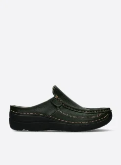 Wolky Roll Slide - forestgroen leer<DAMES Slippers|Klompen