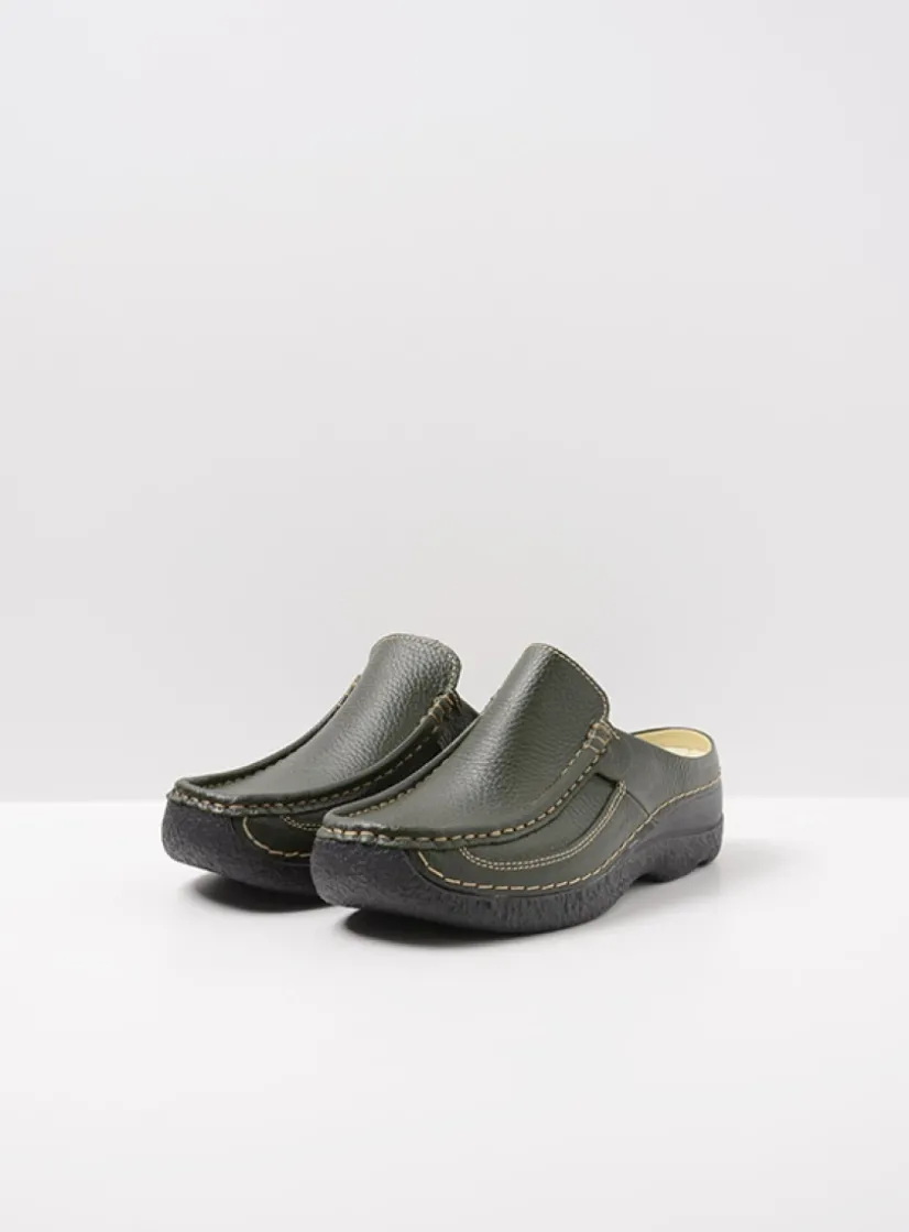Wolky Roll Slide - forestgroen leer<DAMES Slippers|Klompen