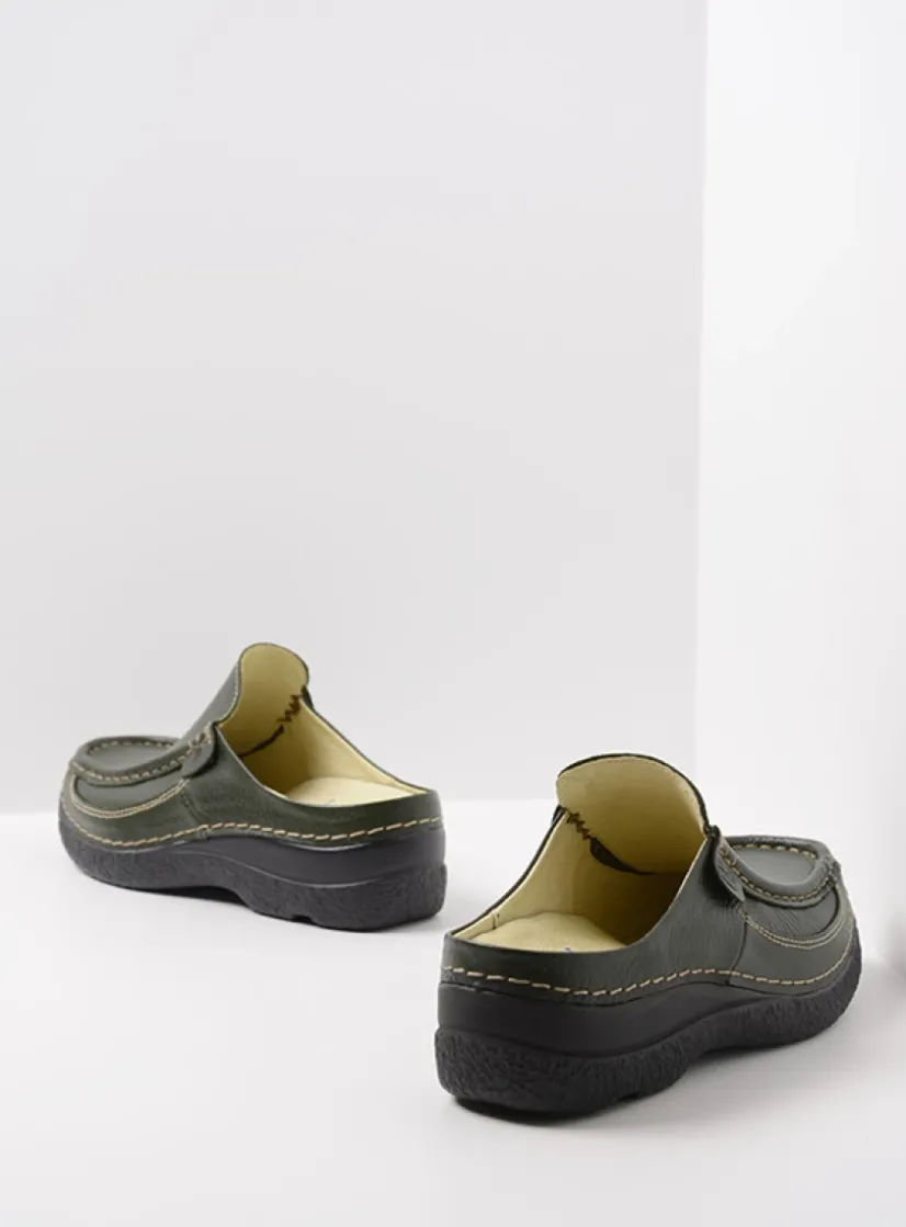 Wolky Roll Slide - forestgroen leer<DAMES Slippers|Klompen