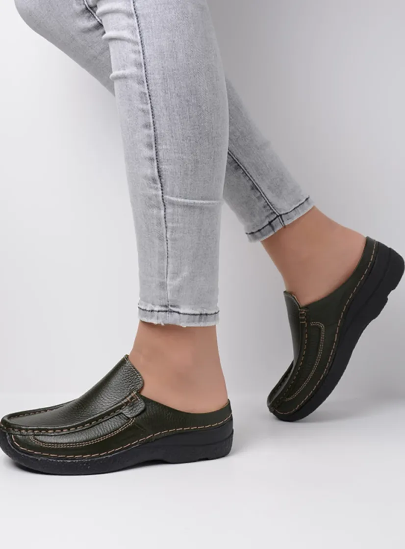 Wolky Roll Slide - forestgroen leer<DAMES Slippers|Klompen