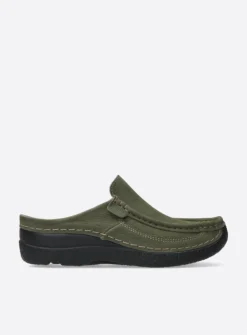 Wolky Roll Slide - pesto groen nubuck<DAMES Slippers|Klompen
