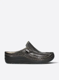Wolky Roll Slide - slangenprint donkerbruin leer<DAMES Slippers|Klompen